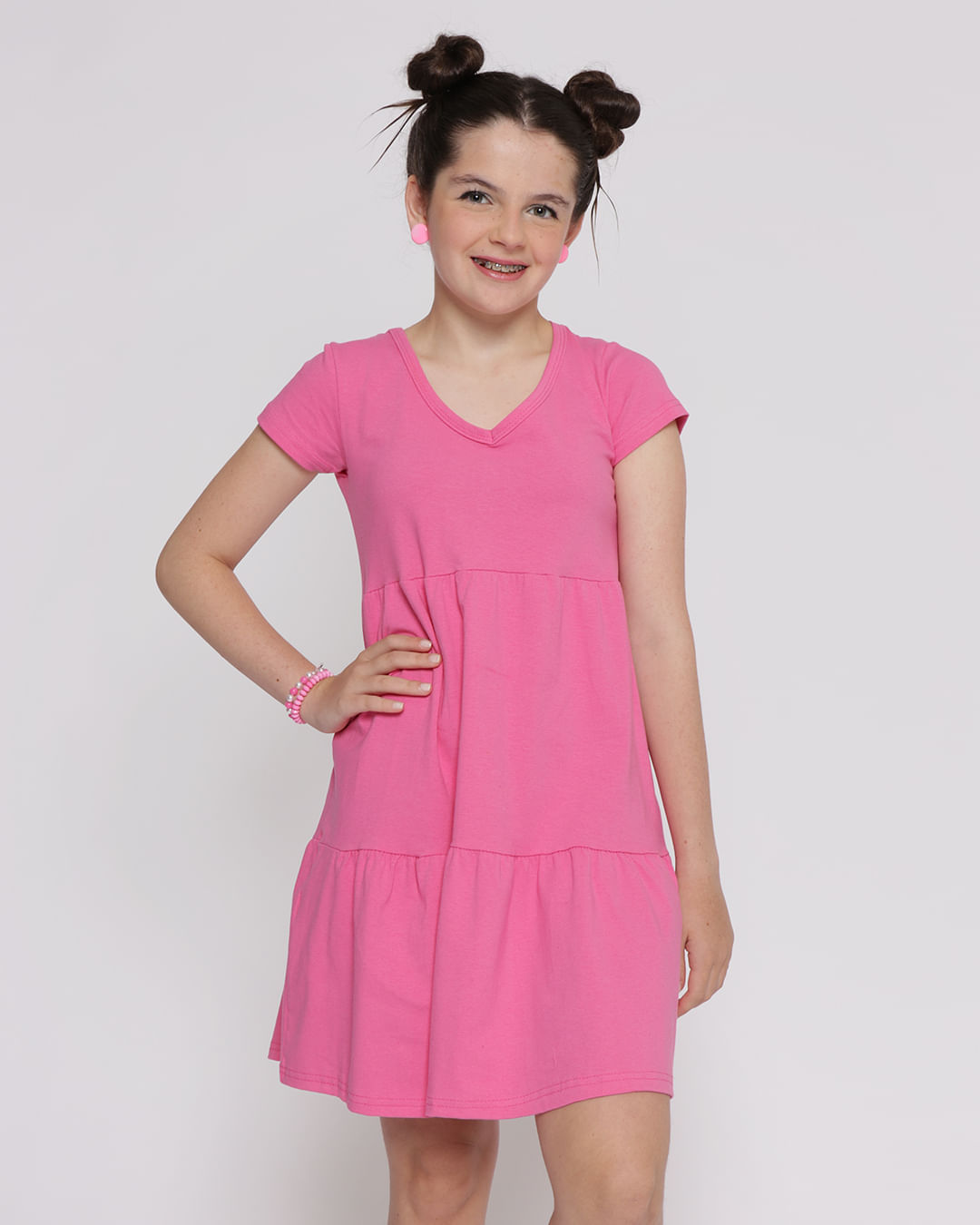 ​Vestido-Juvenil-Com-Gola-V-Tres-Marias-Rosa-Escuro