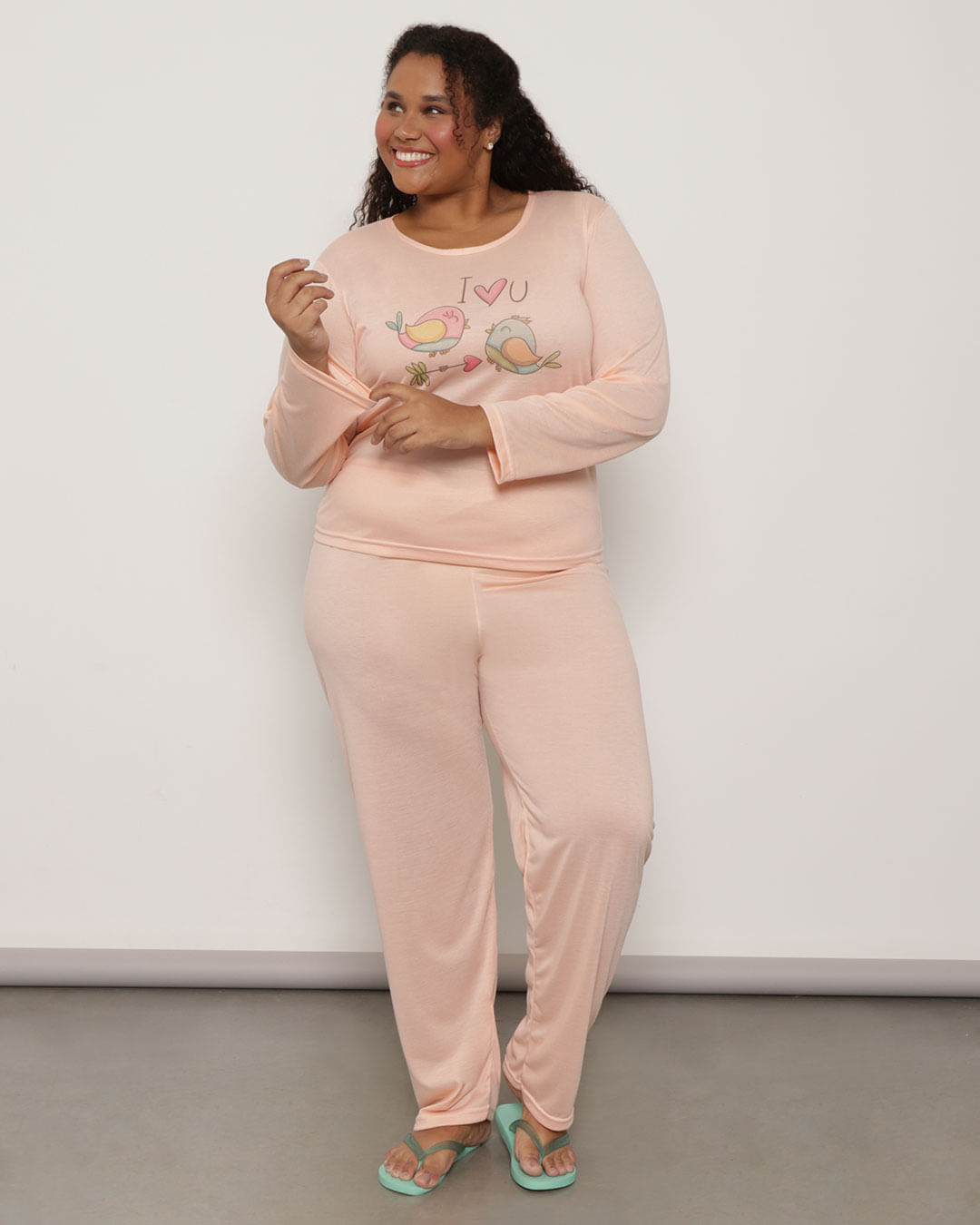 Pijama-Plus-Size-Feminino-Longo-Com-Estampa-Laranja