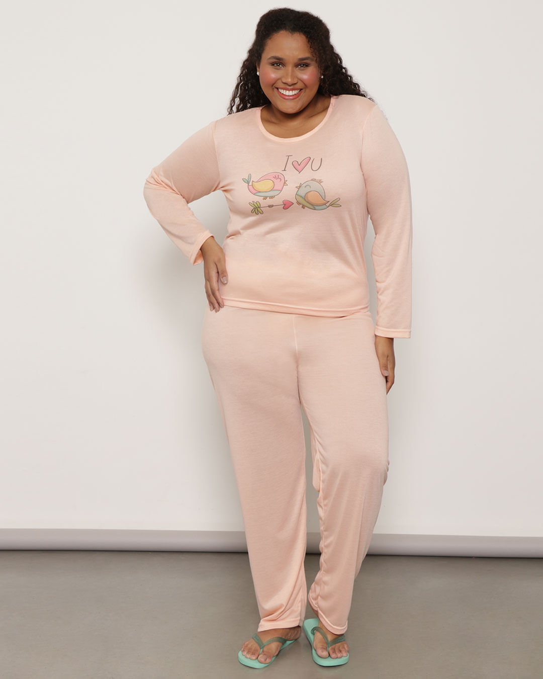 Pijama-Plus-Size-Feminino-Longo-Com-Estampa-Laranja