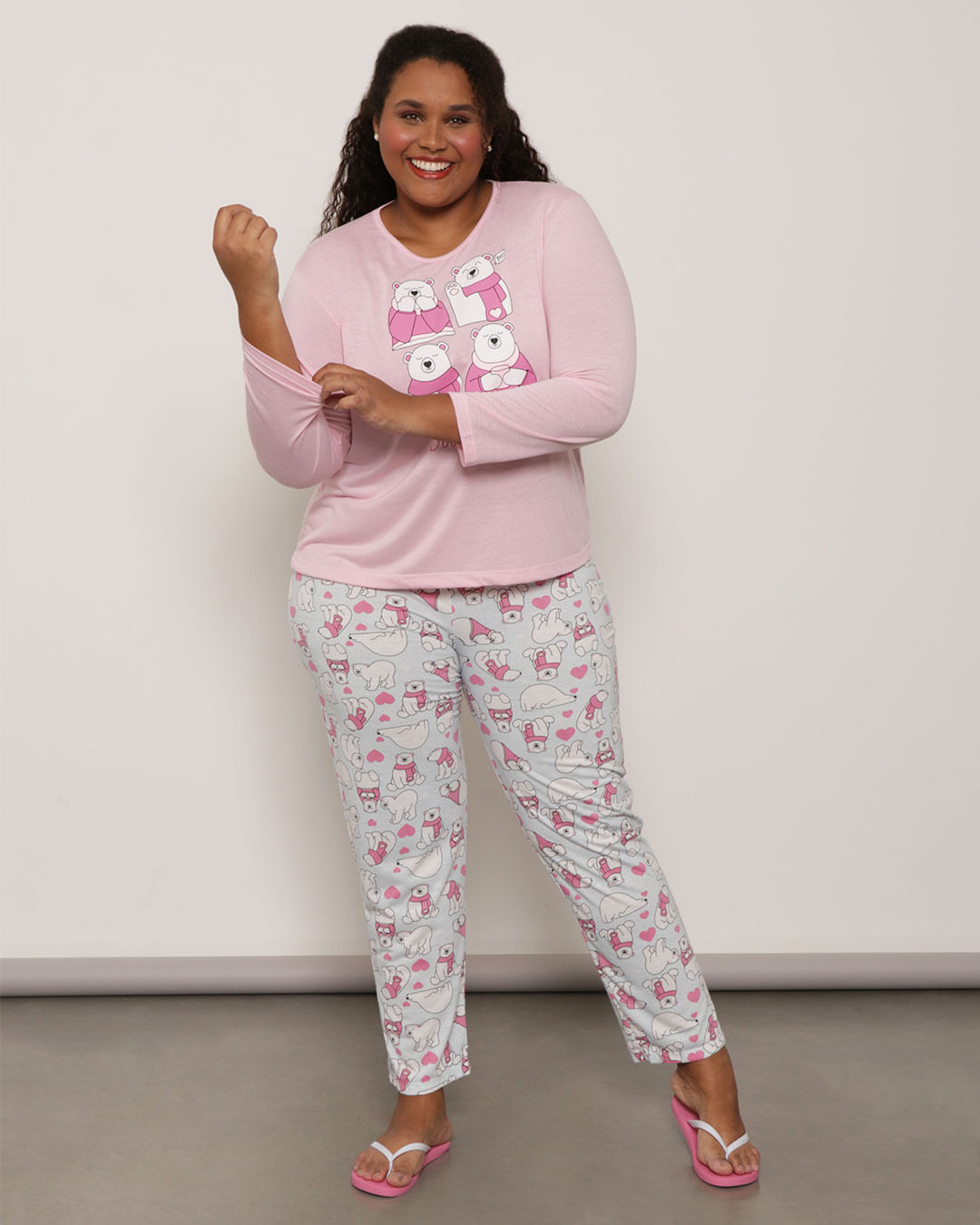 Pijama-Plus-Size-Feminino-Longo-Estampa-Ursinho-Rosa