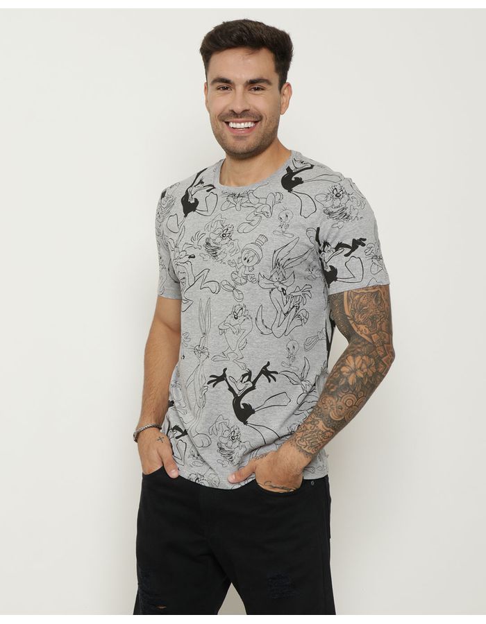 Camiseta-Masculina-Estampada-Looney-Tunes-Cinza