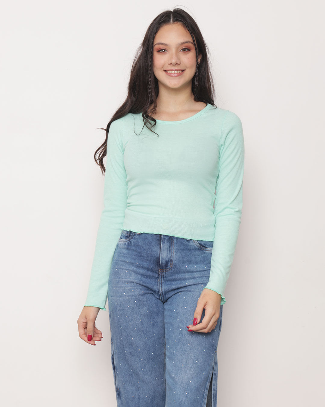 Blusa-Juvenil-Canelada-Manga-Longa-Verde-Claro