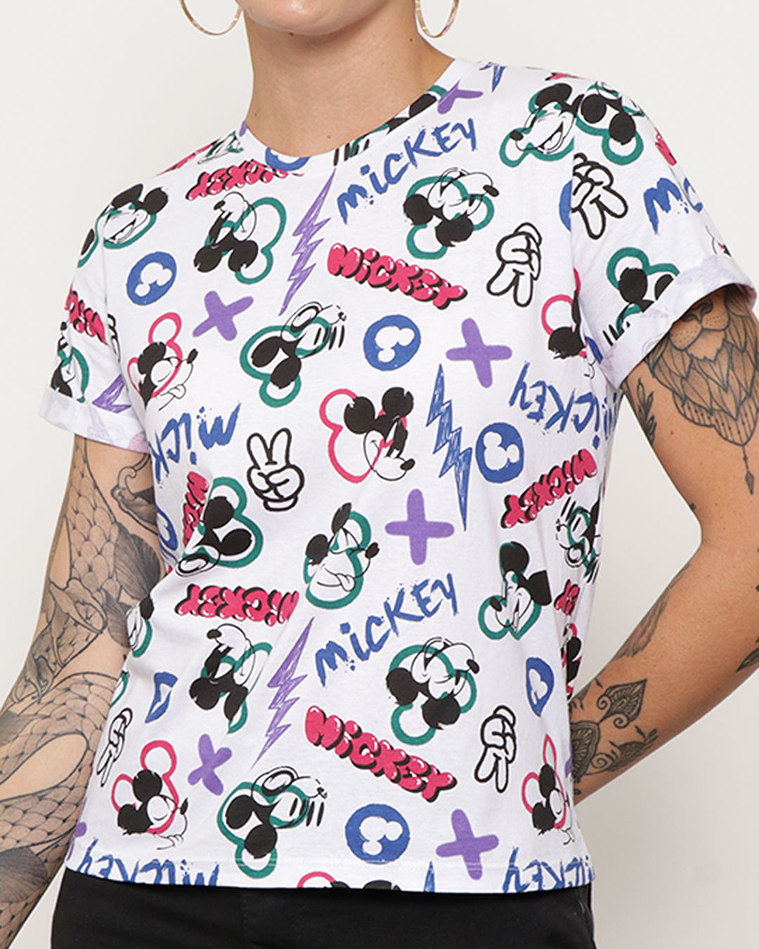 Camiseta-Feminina-Estampa-Mickey-Disney-Manga-Curta-Branca