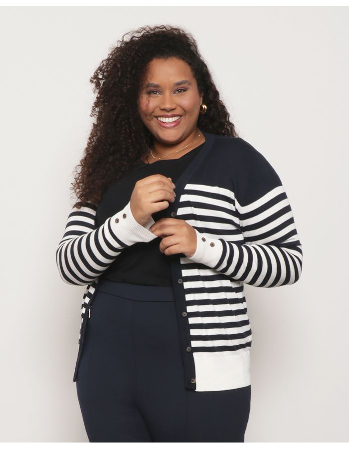 Cardigan-Plus-Size-Feminino-Trico-Com-Listras-Off-White-e-Marinho