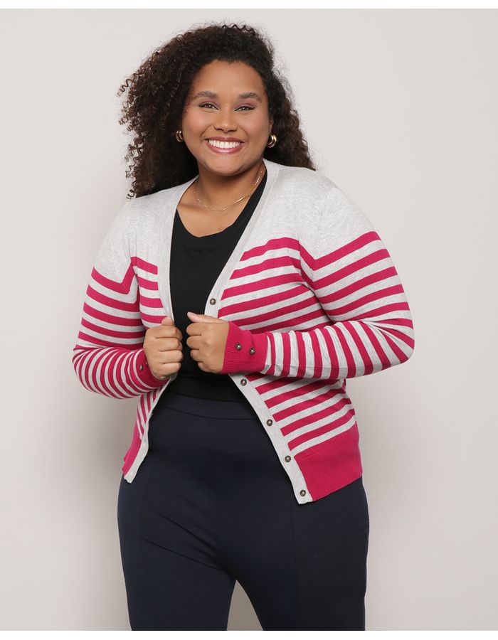 Cardigan-Plus-Size-Feminino-Trico-Com-Listras-Cinza-e-Rosa