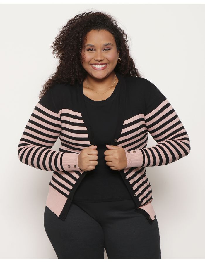 Cardigan-Plus-Size-Feminino-Trico-Com-Listras-Rosa-e-Preto