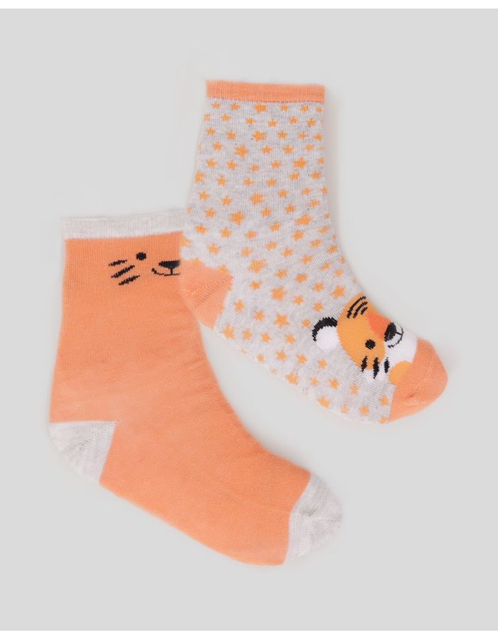 Kit-2-Meias-Infantil-Cano-Medio-Estampa-Tigre-Cinza-Laranja