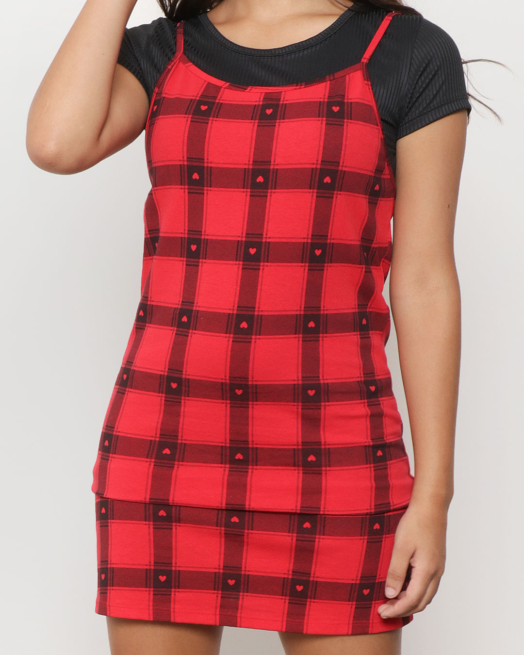 Vestido-Juvenil-Xadrez-com-Blusa-Canelada-Vermelho