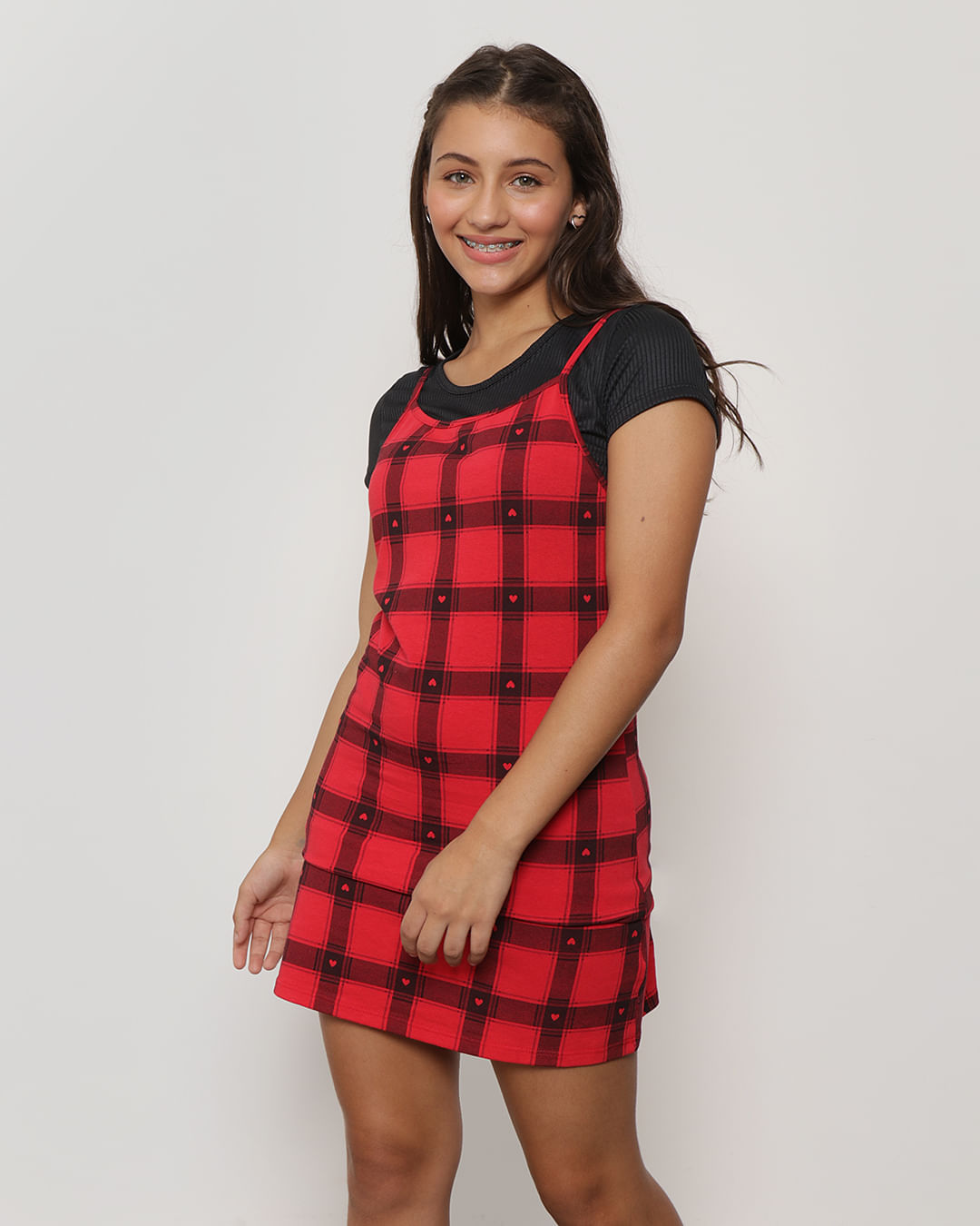 Vestido-Juvenil-Xadrez-com-Blusa-Canelada-Vermelho