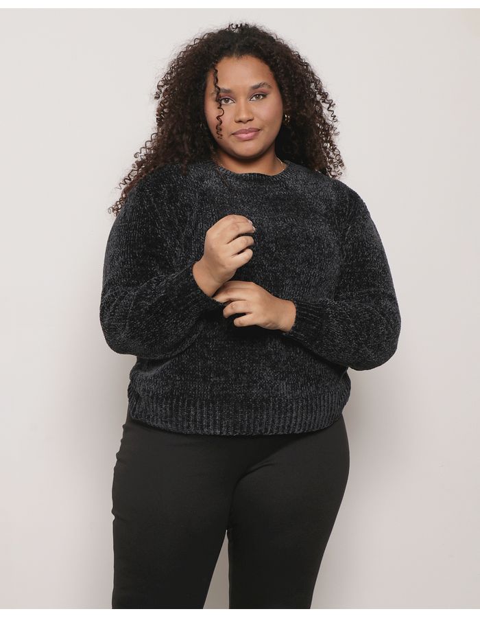 Sueter-Plus-SIze-Feminino-Trico-Chenille-Manga-Bufante-Preto