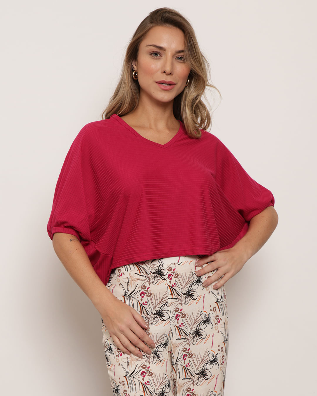 Blusa-Feminina-Canelada-Manga-Morcego-Rosa