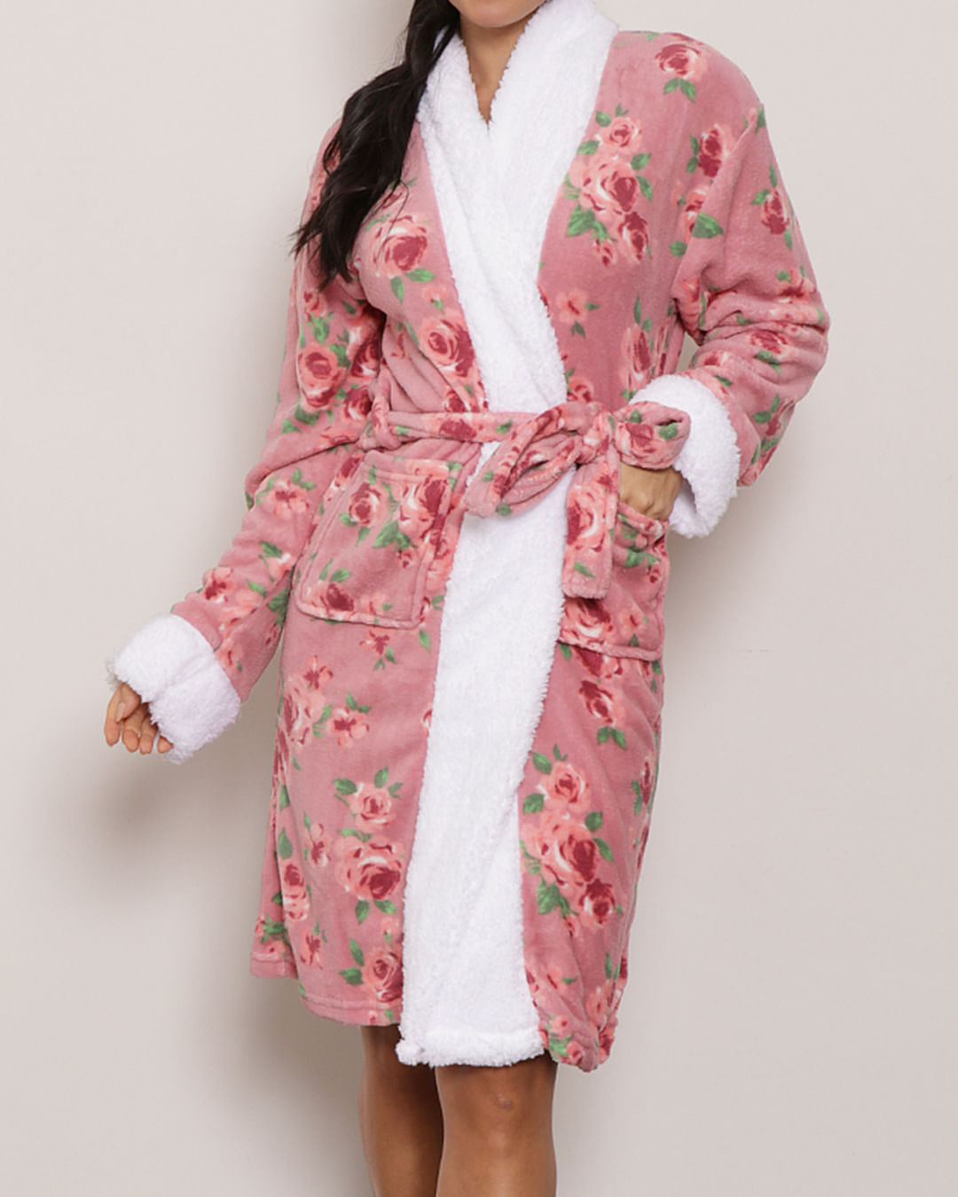 Roupao-Feminino-Flannel-Fleece-Plumagem-Estampado-Rosa