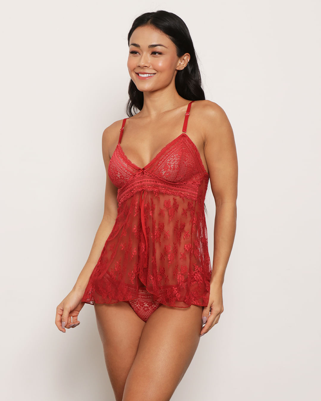 Baby-Doll-Renda-Com-Tule-Floral-e-Calcinha-String-Vermelho