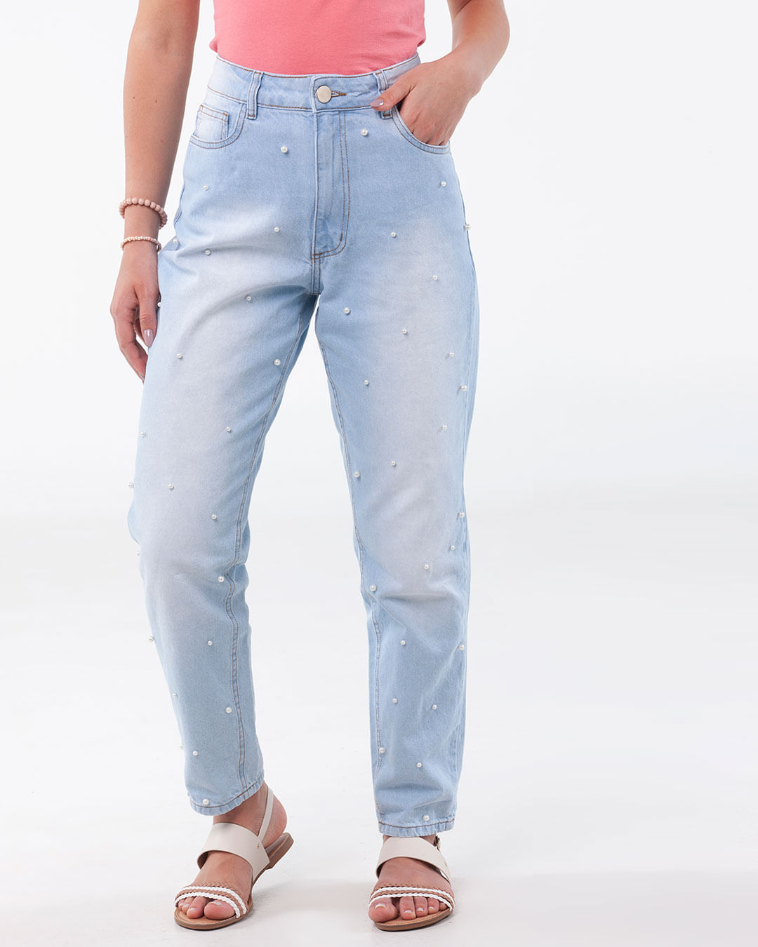 Calca-Jeans-Feminina-Cintura-Alta-Mom-Com-Perolas-Azul-Claro